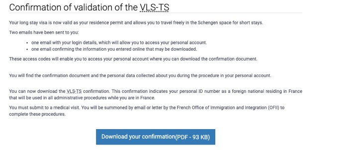 法國簽證官網最後有確認的頁面可以下載確認函