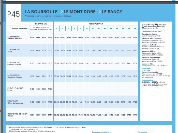 前往法國多姆山省的Puy de Sancy的季節性公車P45時刻表