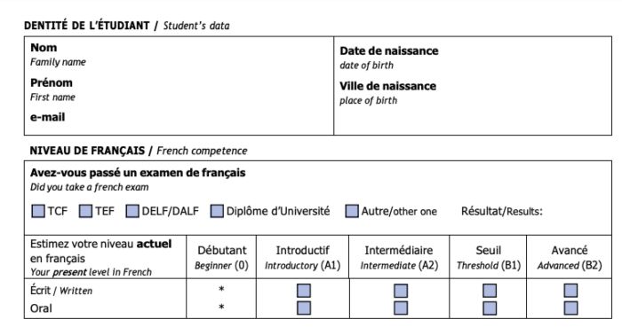 拉羅謝爾大學法文課程申請須填寫的資料