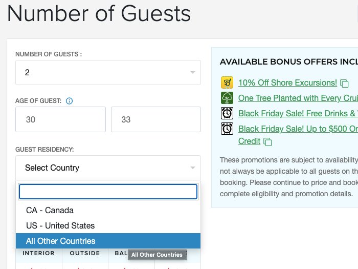 CruiseDirect預定郵輪時可以選擇不同國家的客戶
