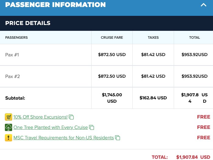 CruiseDirect預定郵輪時最後確認價格