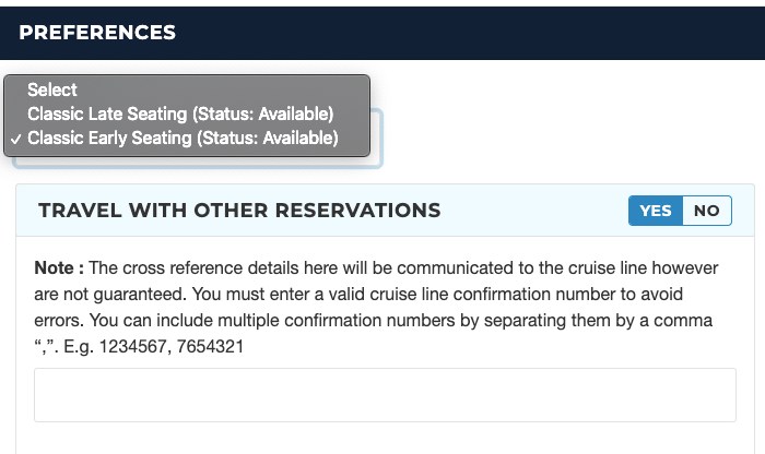 CruiseDirect預定郵輪時可以選擇晚餐用餐的時段