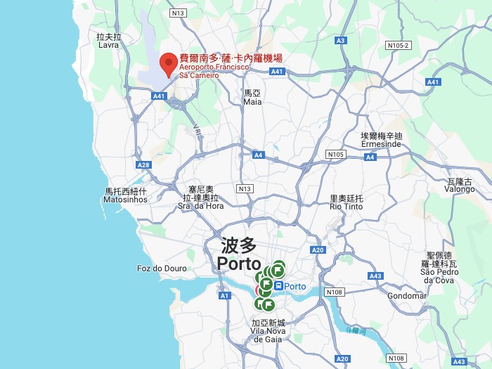 波多機場在google地圖上為波多西北方18公里處